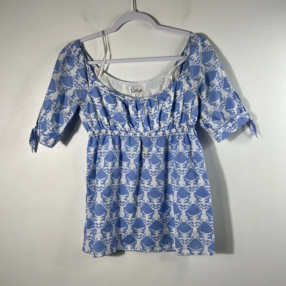 Womens Vintage Lilly Pulitzer Baby Doll Crab Blouse Blue White 4 Cotton